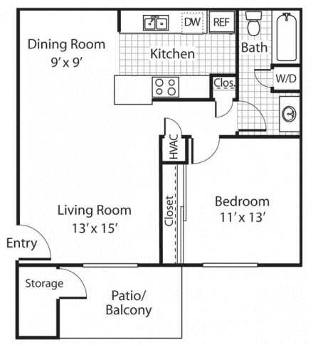 Floor plan for 1 bed, 1 bath, 625 sqft